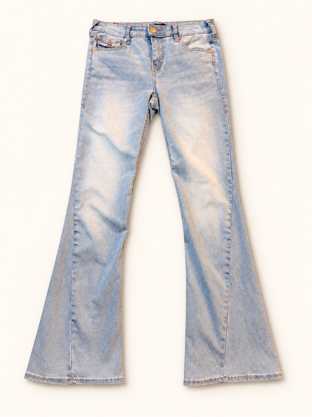 True Religion Joey Mid Rise Flare Jeans 29 Light Wash Pink Stitching